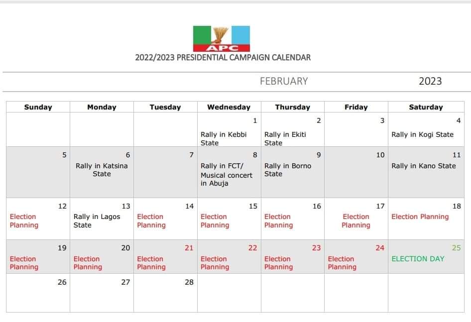 tfk_gawat's tweet photo. APC Releases campaign time table... Very well arranged 😜👍🏽😄
Rally in Anambra will be on a Monday, Sit-At-Home Day = Liberation
#BreakingShackles #RenewedHope2023 https://t.co/AD1IkFh7sG