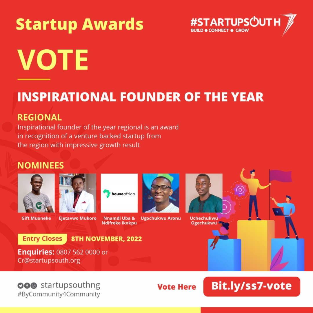 Inspirational founder of the Year - Regional

This is an award in recognition of an Iconic founder of Nigerian HQ'ed Startup with impressive growth trajectory within 3 years