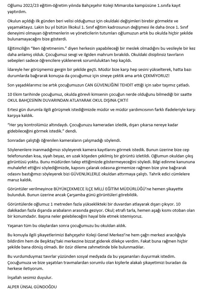 Alper Ünsal Gündoğdu (@alperunsalg) on Twitter photo 1.5 aydır aşağıda anlattıklarım yüzünden tadım tuzum yoktu.
Şu ana kadar bir dönüş olmadığından artık buradan duyurmak zorunda kaldım.
İnşallah bunlar ilgili kişilere ulaşır.
<a href="/EnverYucel/">EnverYucel</a> <a href="/HuseyinYucell/">Hüseyin Yücel</a> @dagozlem
#bahcesehirkoleji
#bahçeşehirkoleji 1.5 aydır aşağıda anlattıklarım yüzünden tadım tuzum yoktu.
Şu ana kadar bir dönüş olmadığından artık buradan duyurmak zorunda kaldım.
İnşallah bunlar ilgili kişilere ulaşır.
<a href="/EnverYucel/">EnverYucel</a> <a href="/HuseyinYucell/">Hüseyin Yücel</a> @dagozlem
#bahcesehirkoleji
#bahçeşehirkoleji