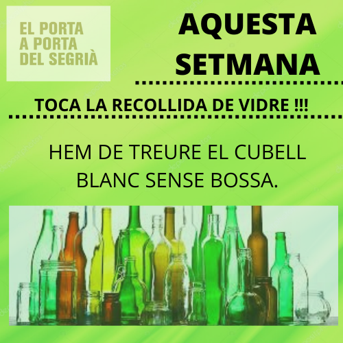 segriapap's tweet photo. 📢Aquesta setmana toca la recollida de VIDRE‼️
#TerradePonent #PaP #CCSegria #Segriaresidus #Sostenibilitat #Reciclatge
@AjAlcarras @ArtesaLleida @llardecans @AjSoses @ajcorbins @AgenTorrebesses @AjGranjaEscarp @ajuntamentaspa @ajmaials @Porta_a_Porta https://t.co/yYUmIUXmPd