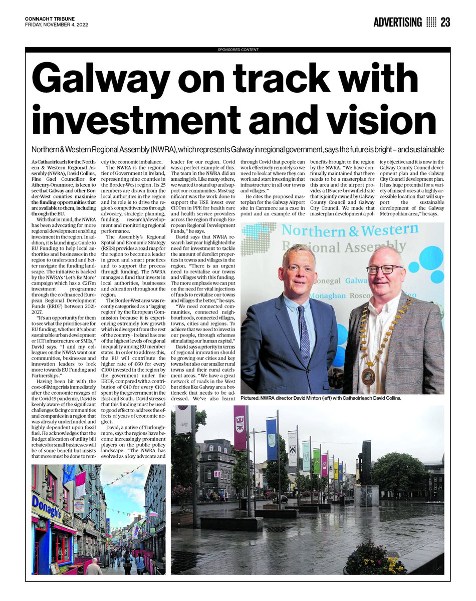 NWAssembly's tweet photo. Galway's future is bright and sustainable ♻️
This week on the @CTribune our Cathaoirleach Cllr David Collins shares his thoughts on the future for the northern and western region, with a focus on #Galway @GalwayCoCo.
#letsbemore https://t.co/bJD15TaI2F