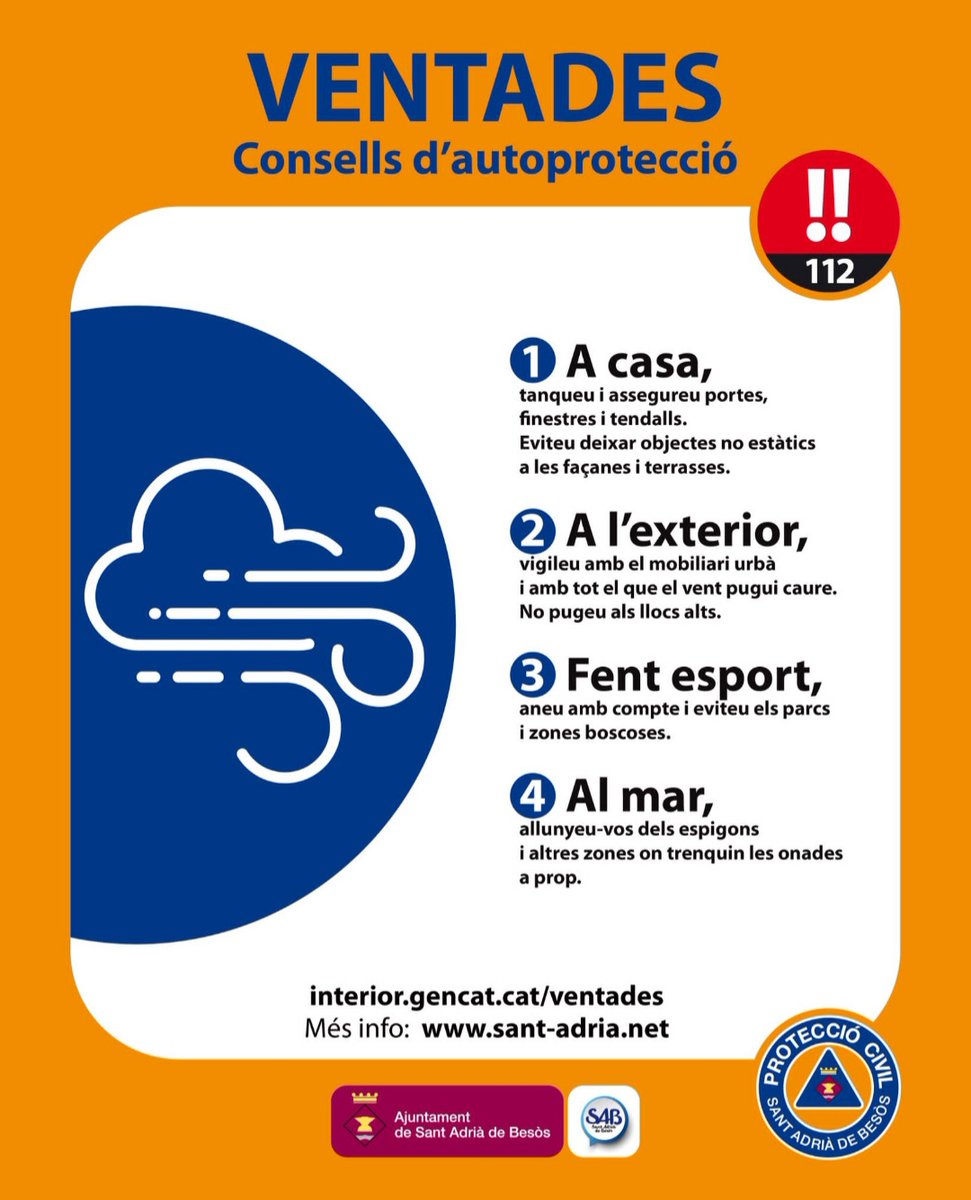 ProteccioCivilSAB (@protecivilsab) on Twitter photo VENTCAT. Per demà dia 4 s'esperen ratxes de vent que poden superar els 20m/s. Precaució! <a href="/AjSantAdria/">Ajuntament SantAdrià</a> VENTCAT. Per demà dia 4 s'esperen ratxes de vent que poden superar els 20m/s. Precaució! <a href="/AjSantAdria/">Ajuntament SantAdrià</a>