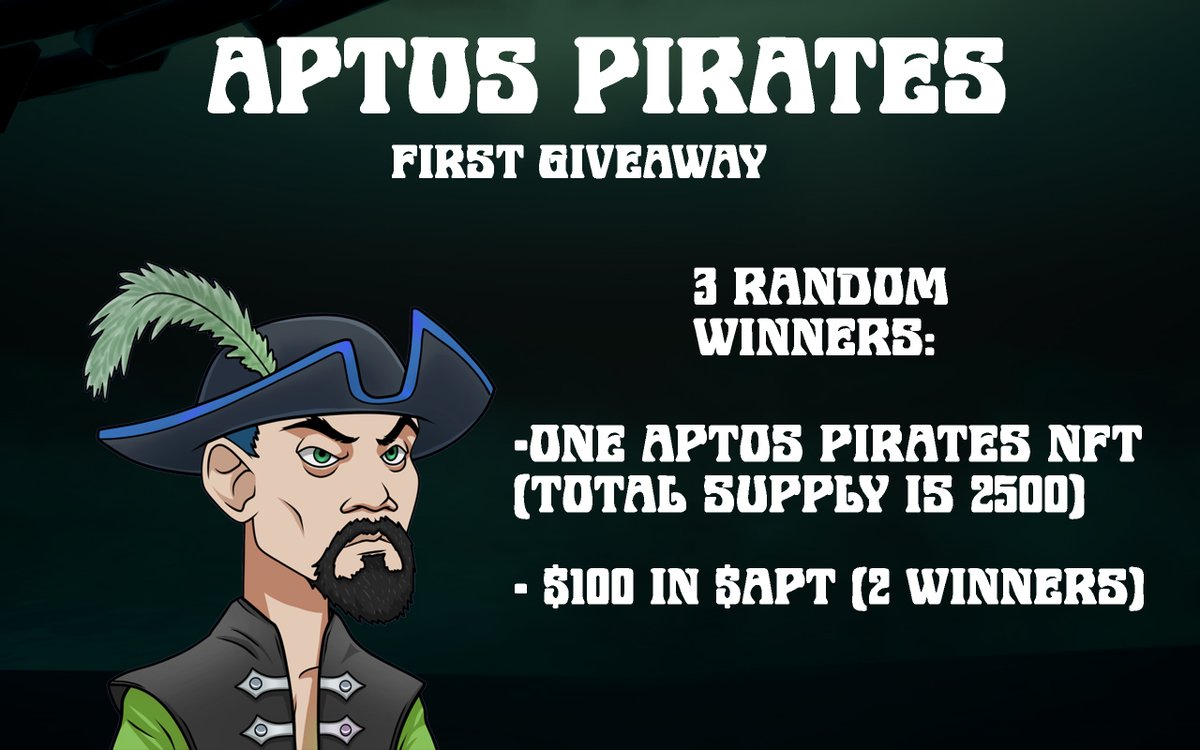 Aptos_Pirates's tweet photo. 🔥Our first Giveaway is starting right now!🔥
🎁There will be 3 random winners:
- One Aptos Pirates NFT (total supply is 2500)
- $100 in $APT (X2)

📝Just few simple steps:
- Follow us
- Like, RT and tag 3 friends (in reply or quote RT)

⏳48H
#NFTs #Aptos #AptosNFT #AptosPirates https://t.co/BG7zU7UWmy