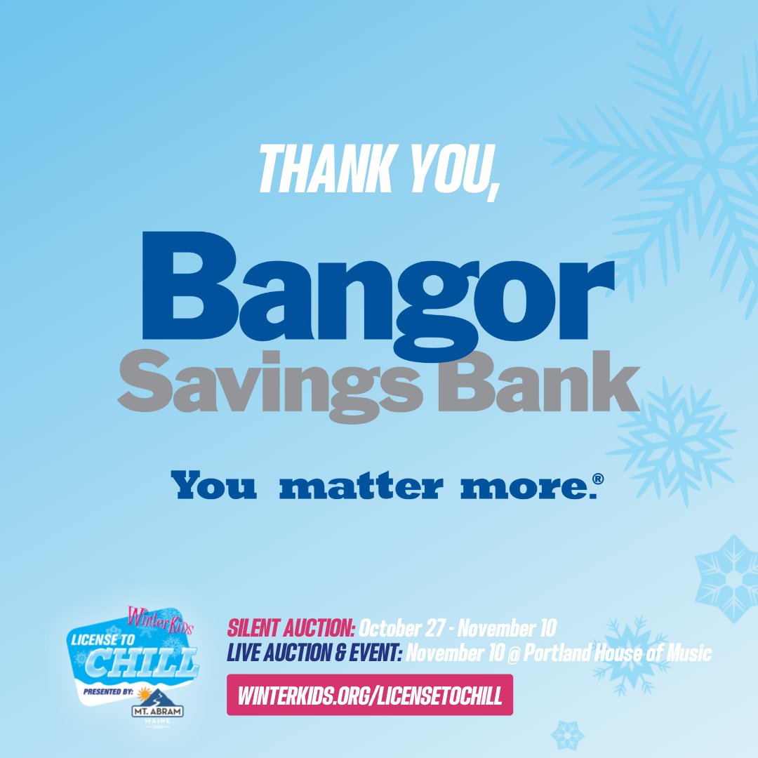 WinterKids's tweet photo. Many thanks to @bangorsavings for stepping up as a Snowman Sponsor for this year's WinterKids License to Chill!
Learn more about this year's celebration, including both a silent auction and a live event: https://t.co/M91sex4LFA.
#WKLicenseToChill #CompaniesThatCare https://t.co/YS4YeQwnve