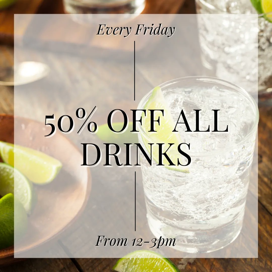 Project53Knfd's tweet image. Get 50% off all drinks from 12-3pm EVERY Friday!🍹🥂