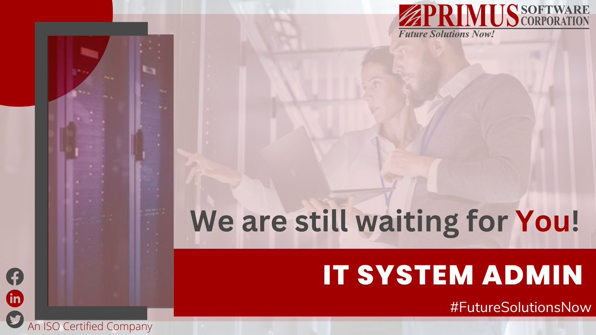 PrimusSoftCorp's tweet image. #HiringAlert
#Primus is hiring #ITSystemAdmin who can help our #IT department to develop and support cloud, windows or Unix Infrastructure. If you think you can help us, #applytoday lnkd.in/evuQtMWm
#ThursdayVibes #WeAreHiring #Hiring #FutureSolutionsNow #JoinOurteam
