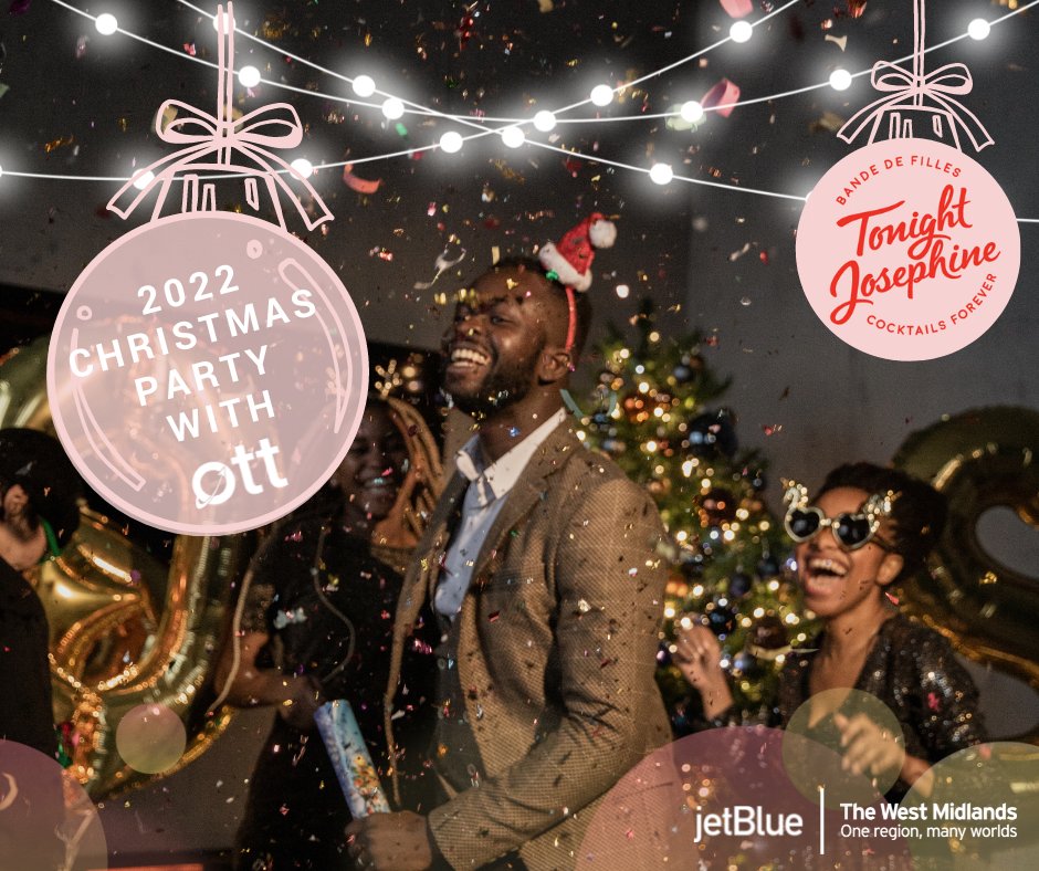 traveltraining's tweet photo. OTT Christmas Party 2022 in BIRMINGHAM! 🎄

*Where: Tonight Josephine, Unit 12, The Burlington, Stephenson Street, Birmingham

*When: Thursday 24th Nov 2022, 6:30 pm – late

*Theme: Christmas

Sponsored by Visit Birmingham &amp; the West Midlands and JetBlue.

https://t.co/A7FxiVY6Rk https://t.co/6ypnCGDNTT