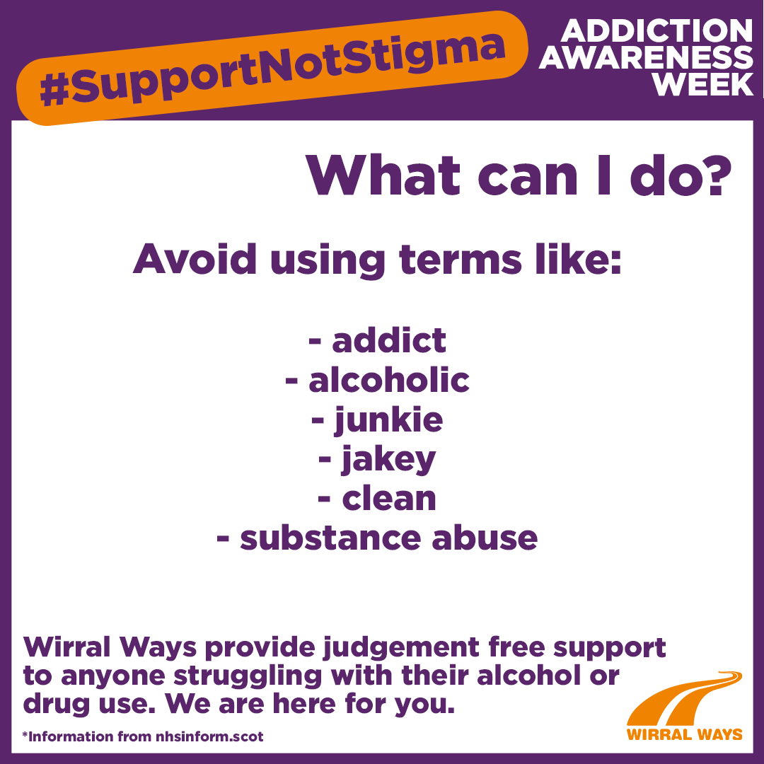 WirralWays_CGL's tweet photo. This week is #AddictionsAwarenessWeek and we're talking all about #SupportNotStigma. What can you do to help end stigma within drug and alcohol misuse?
Avoid using terms like:
- addict
- alcoholic
- junkie
- jakey
- clean
- substance abuse https://t.co/sPtaapJJOM