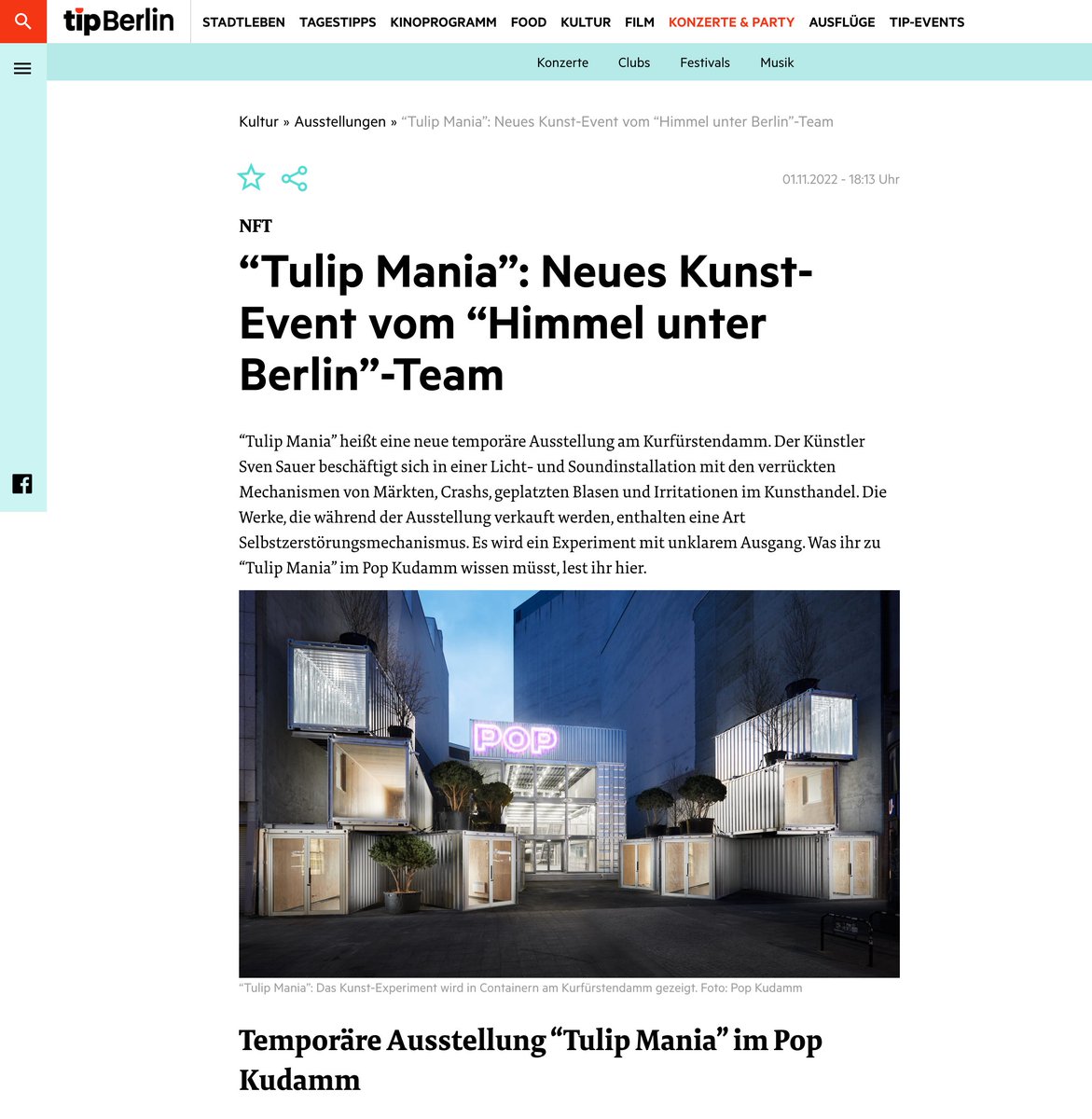 UWesteros's tweet photo. The magazine TIP Berlin has brought a review about the exhibition Tulip Mania :)

"Artist Sven Sauer deals... with the crazy mechanisms of markets, crashes, burst bubbles and irritations in the art trade."

https://t.co/6QOAiY09L6 https://t.co/zskovxiaVR