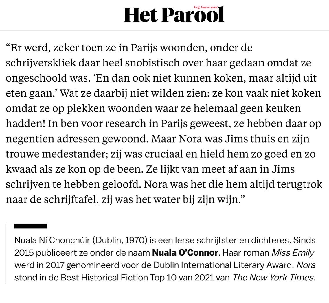 Mooi en fijn interview van Marjolijn de Cocq (Het Parool) met Nuala O’Connor over ‘Nora, vrouw en muze van James Joyce’ (vert. Jetty Huisman).