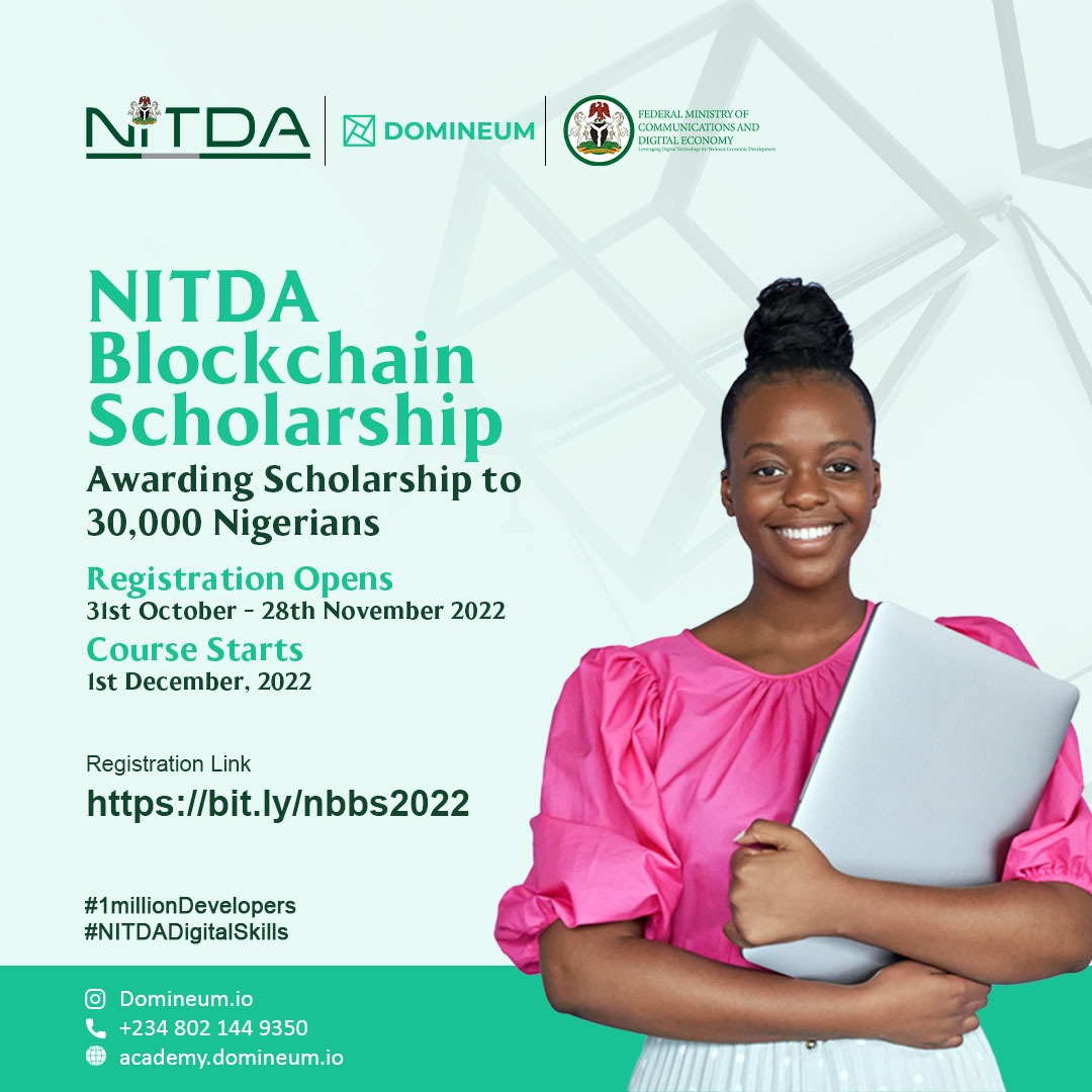 You can now apply for @NITDANigeria Blockchain Scholarship. 30, 000 Nigerians will be giving Scholarship. Registration is ongoing and it will close by 28th November, 2022.