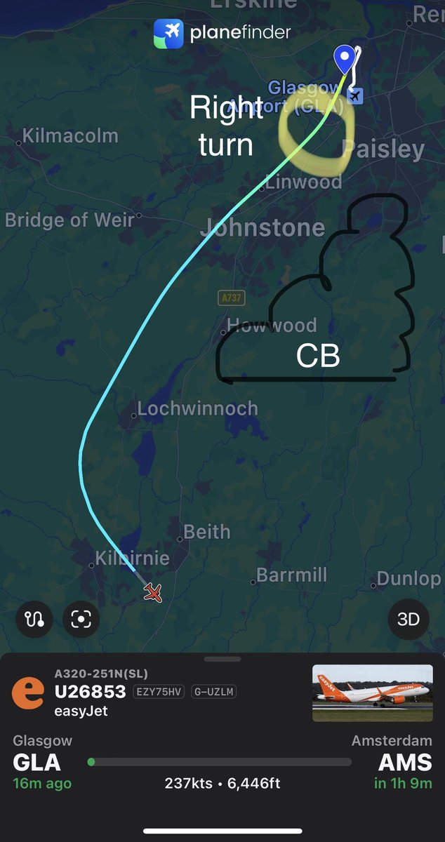 SeanBattyTV's tweet image. Noticed a plane making an early right turn out of Glasgow airport just a minute ago and that’s likely due to the large cumulonimbus cloud ahead. CBs as we call them, can cause very uncomfortable turbulence and pilots try and avoid them when they can.