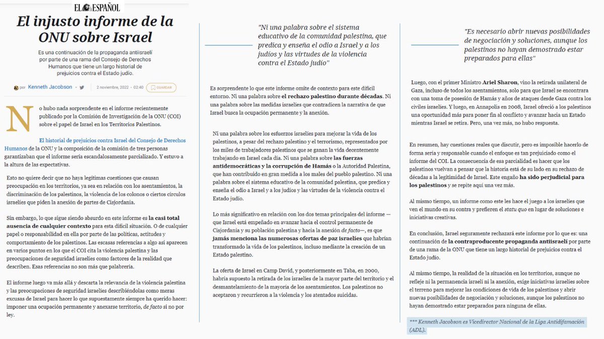 'Ni una palabra de la ONU sobre el sistema educativo de la comunidad palestina, que predica y enseña el odio a Israel y a los judíos y las virtudes de la violencia contra el Estado judío'. Kenneth Jacobson, Vicedirector Nacional de la @ADL. @ADL_es 🖱️elespanol.com/opinion/tribun…