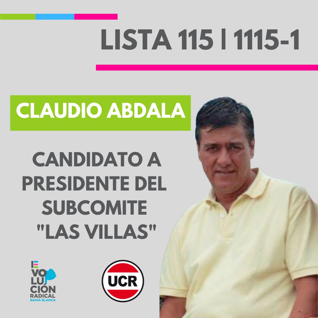 Este 13 de noviembre en "Las Villas", vota #ClaudioAbdala PRESIDENTE.
Junto a <a href="/Val_Fabian/">Fabián</a> la opción diferente del #Radicalismo🇵🇱.
#Lista115

<a href="/Evolucionbsas/">EvolucionBsAs</a> 
<a href="/EvolucionSexta/">EvolucionSexta</a>