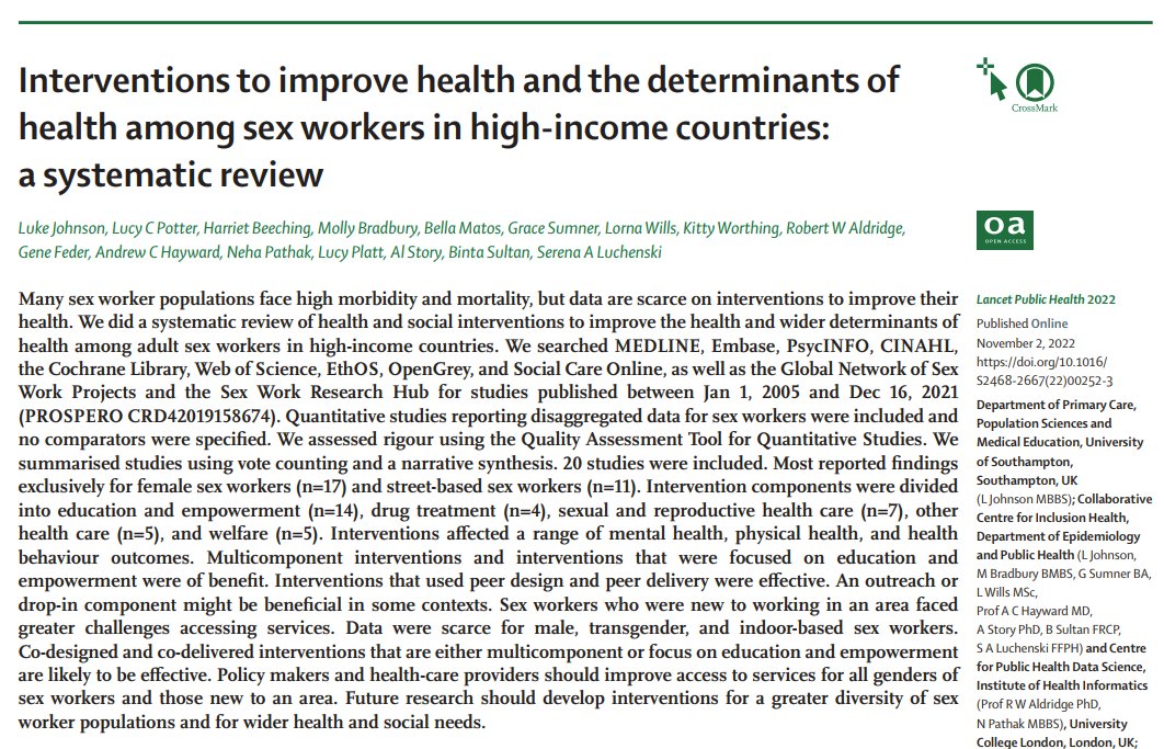 Luke Johnson, MD, MSc, FFPH (@luke_a_johnson) on Twitter photo New Paper! Our SR in <a href="/TheLancetPH/">The Lancet Public Health</a> summarises evidence for health & social interventions in sex worker populations in HICs doi.org/10.1016/S2468-… Great team inc <a href="/DrLucypotter/">Lucy Potter- follow me on Bluesky</a> <a href="/MollyBradbury14/">Molly Bradbury</a> @GraceyOutreach <a href="/Kitdempsey/">Kitty Worthing</a> @rob_aldridge <a href="/BintyRock/">Binta Sultan</a> <a href="/SerenaLuchenski/">Serena Luchenski</a>🧵below…1/4 New Paper! Our SR in <a href="/TheLancetPH/">The Lancet Public Health</a> summarises evidence for health & social interventions in sex worker populations in HICs doi.org/10.1016/S2468-… Great team inc <a href="/DrLucypotter/">Lucy Potter- follow me on Bluesky</a> <a href="/MollyBradbury14/">Molly Bradbury</a> @GraceyOutreach <a href="/Kitdempsey/">Kitty Worthing</a> @rob_aldridge <a href="/BintyRock/">Binta Sultan</a> <a href="/SerenaLuchenski/">Serena Luchenski</a>🧵below…1/4