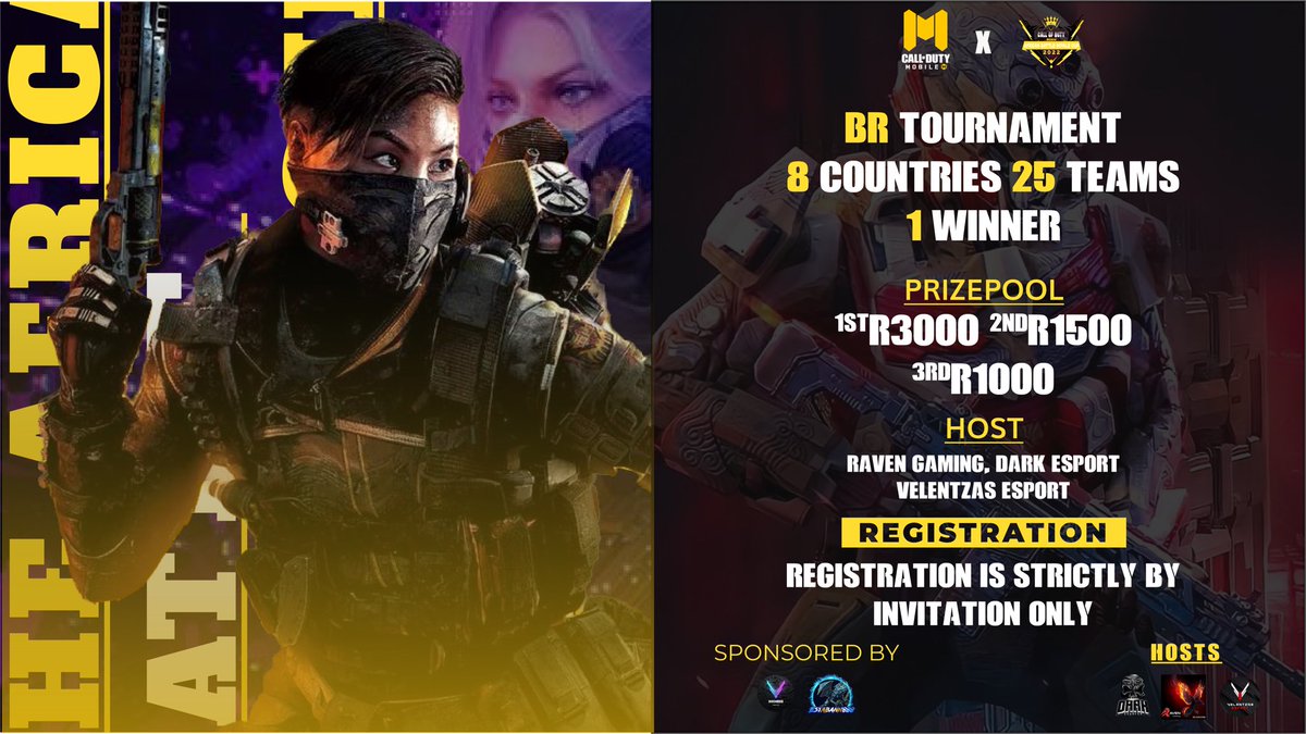 African Battle Royale Cup OV
Registrations Open until the 5th of November for the Invited Teams who will be representing their Countries in the upcoming Cup.
(Any enquiries about Sponsors or Info can be Directed to:
Danie (Uncle D) - +27721064803)
@DarkeSportsAF <a href="/RobusMegan/">Meg Duchess</a>