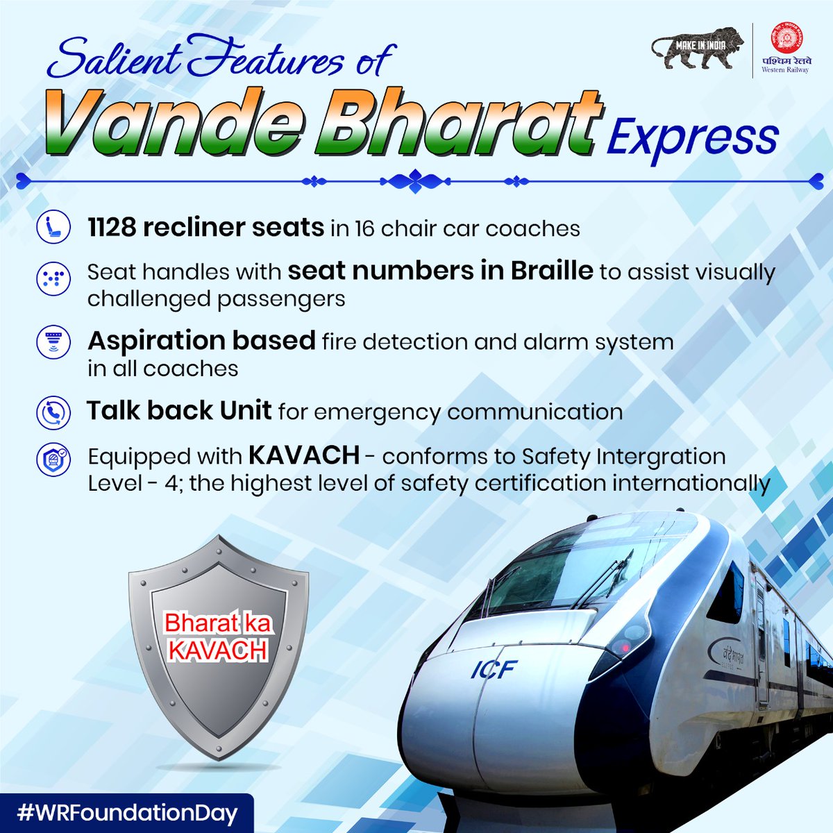 WesternRly's tweet photo. India's first Semi-High Speed train, Vande Bharat Exp is unquestionably one of India's most cutting-edge Indigenously made train. It is now running over WR btwn Mumbai & Gandhinagar.
It hv enhanced features like KAVACH, automated doors, talk back system etc.
#WRfoundationDay https://t.co/k9LRWcYdib