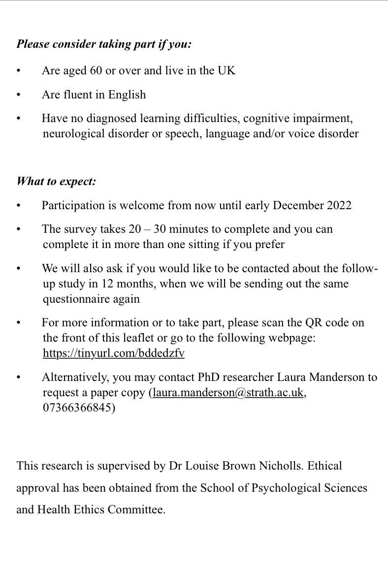 manderson_laura's tweet photo. Recruiting participants aged 60+ for research into thinking skills, speech production and activity engagement. Please retweet or share link with others https://t.co/84SsMj6Tod @LNichollsStrath @AnjaKuschmann @StrathHaSS @UOSPsychology @StrathRDP @Strath_SLT https://t.co/X8QiH2c03n
