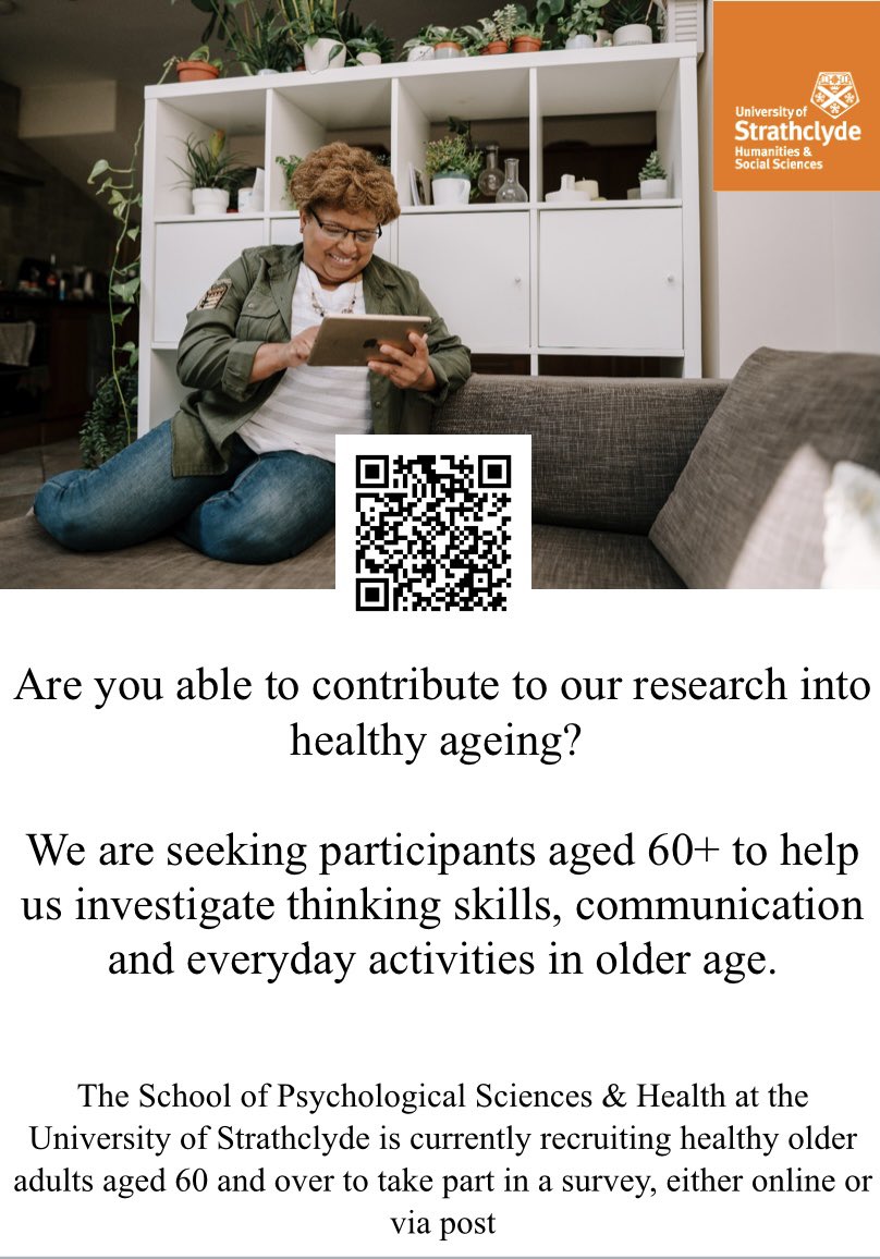 manderson_laura's tweet photo. Recruiting participants aged 60+ for research into thinking skills, speech production and activity engagement. Please retweet or share link with others https://t.co/84SsMj6Tod @LNichollsStrath @AnjaKuschmann @StrathHaSS @UOSPsychology @StrathRDP @Strath_SLT https://t.co/X8QiH2c03n