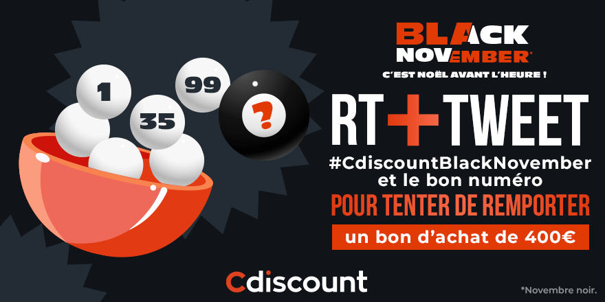 🎁 #Concours 

À l'occasion du Black November sur Cdiscount, tentez de remporter un bon d'achat de 400€
🛒 bit.ly/3FFthLU

✔️ RT + TWEET avec #CdiscountBlackNovember + le numéro de la boule noire (entre 1 et 99) 

🍀 TAS le 07/11