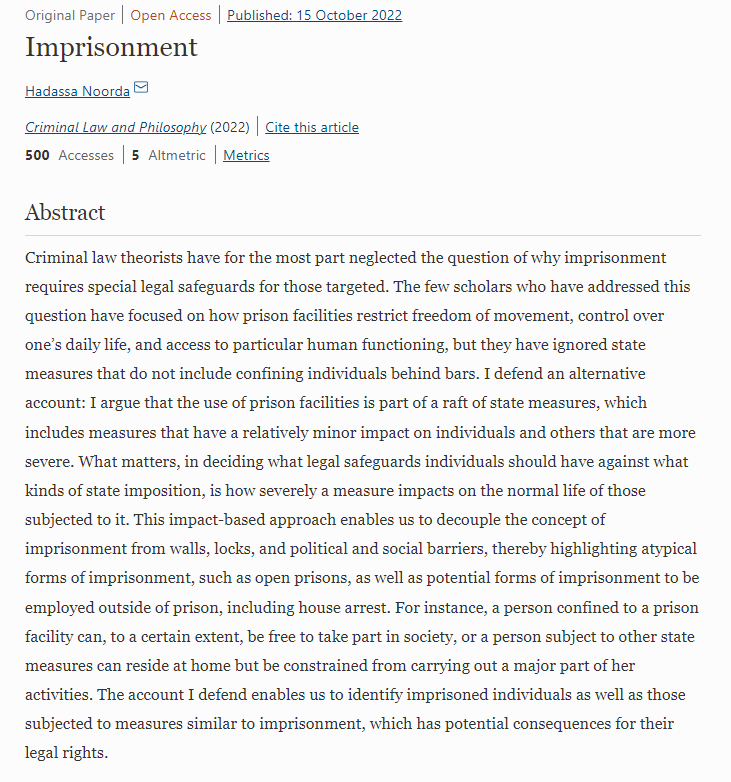 SpringerLaw's tweet photo. Don´t miss the latest #openaccess paper published in Criminal Law and Philosophy!
"Imprisonment" (Hadassa Noorda)
#CriminalLaw #Imprisonment #Prison #LegalProtections #Safeguards #Exprisonment
https://t.co/ZBfgNq8a1L https://t.co/mJj0PSVuMx