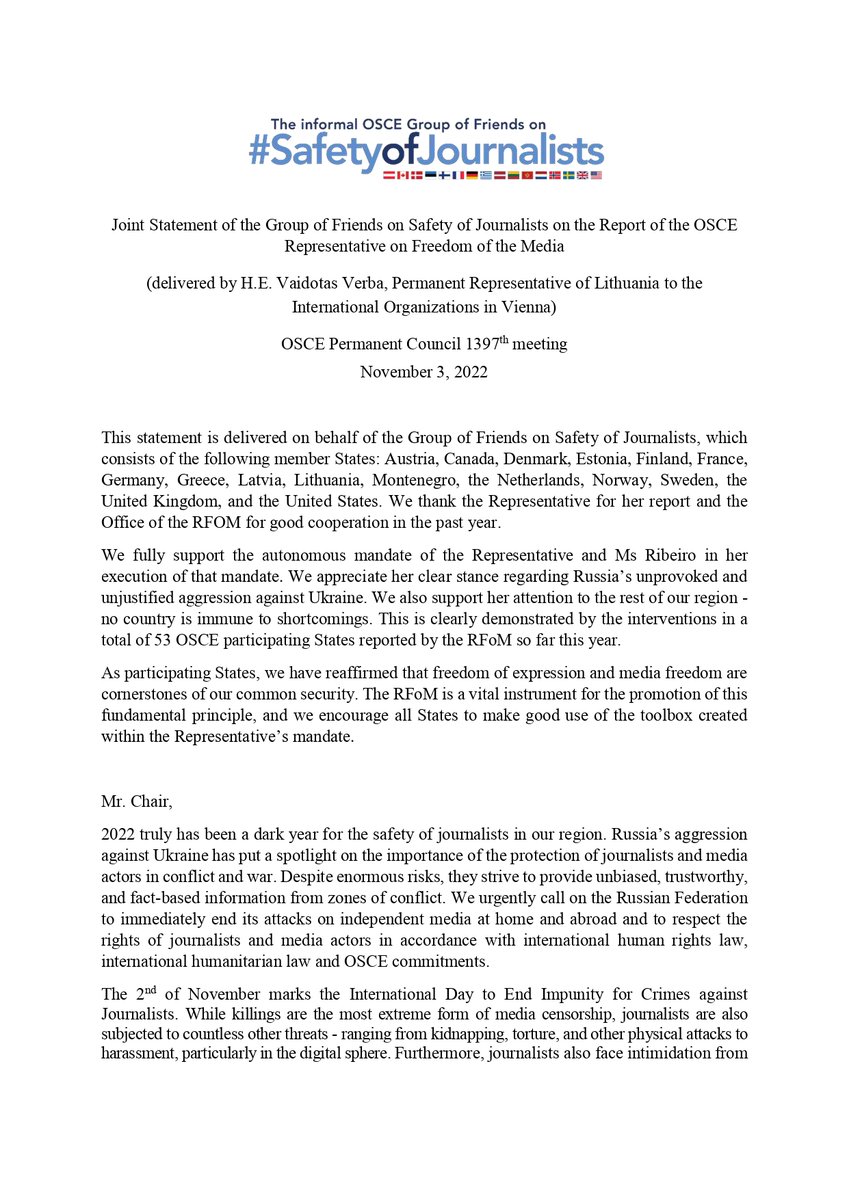 RP_France_OSCE's tweet photo. Joint statement of the Group of Friends on #SafetyofJournalists 

We applaud the courage of #journalists &amp; media actors who strive to provide unbiased information from zones of conflict &amp; appreciate @OSCE_RFoM's clear stance regarding 🇷🇺's unjustified aggression against #Ukraine. https://t.co/F4U3KA0mFE
