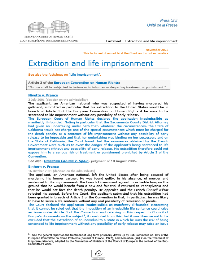 ECHR_CEDH's tweet photo. Update of the factsheet  “Extradition and life imprisonment” 
https://t.co/GX0y209HPF
#ECHR #CEDH #ECHRpress https://t.co/rBjV1lguJl