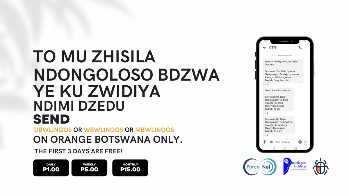 "Introducing an easy way to learn our languages" with #bwlingos Premium SMS

What it means:- First 3 Days are FREE
dbwlingos: 4 days FREE
wbwlingos: 10 Days FREE
mbwlingos: 31 Days FREE

You will only be charged after the subscription expires. Give it a try ☺️☺️