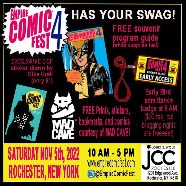 Saturday, November 5th is right around the corner! 

Check out the swag we’ll have available!
#comics #comicbooks #wesellcomics #ECFRochester #RochesterNY #WNY #BuffaloNY #ComicBookSale #ComicBookConvention #ComiCon #ComicCollecting #EmpireComicFest #ECF