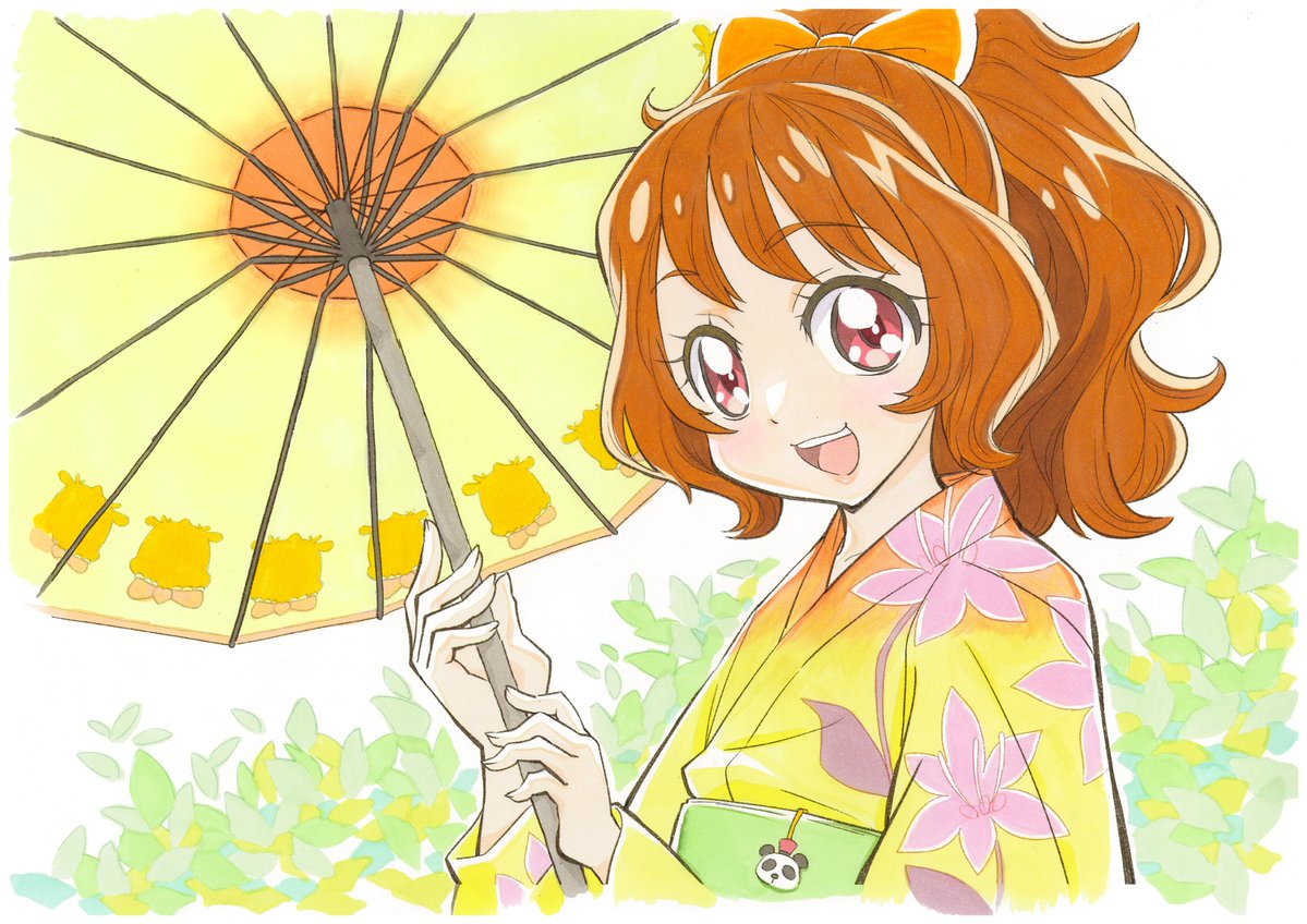 1girl japanese clothes umbrella solo kimono smile brown hair  illustration images