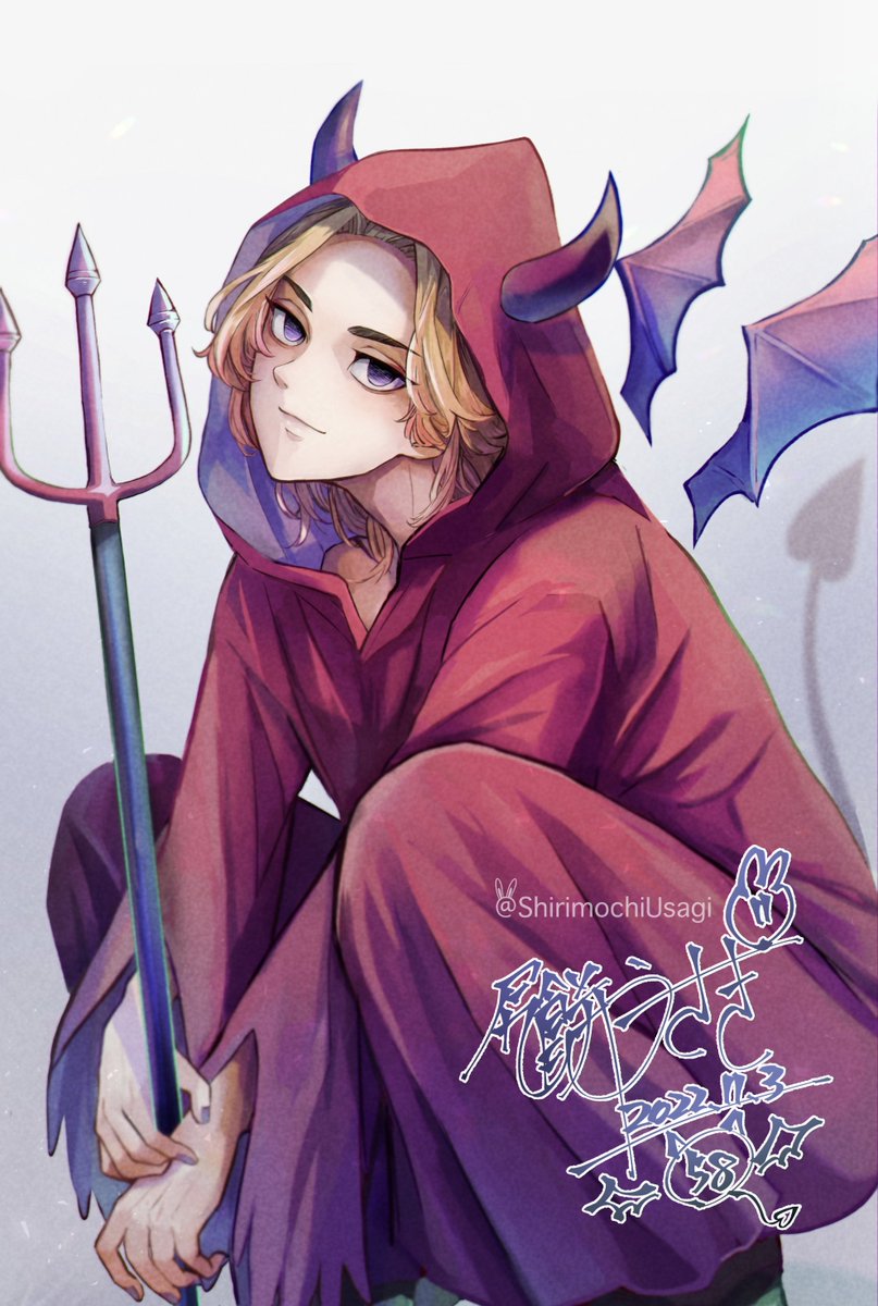 1boy horns male focus blonde hair trident tail solo  illustration images