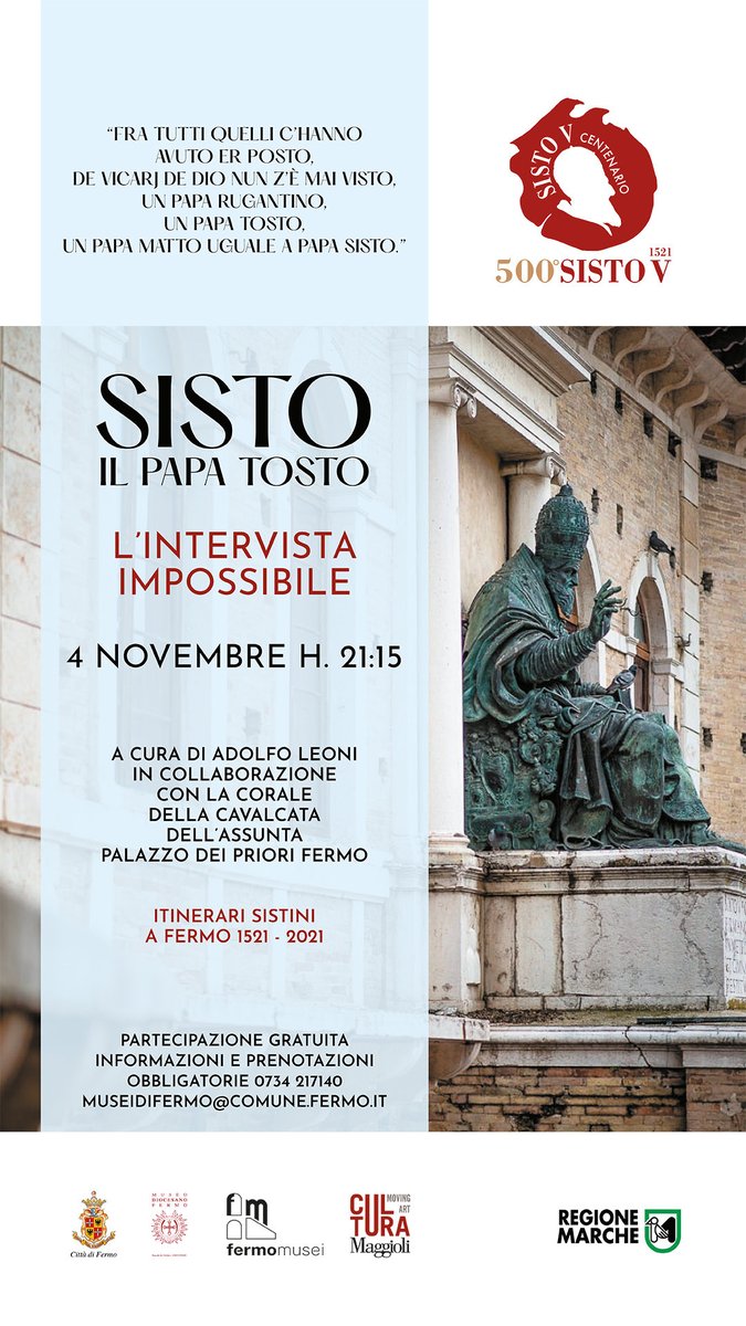 Domani 4 novembre 21:15 a Palazzo dei Priori una #intervistaimpossibile a #SistoV il #PapaTosto #fermomusei #maggiolicultura