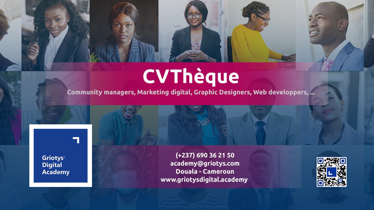 GriotysAcademy's tweet photo. Vous recherchez des jeunes bien formés en #marketing #digital, #Community #Management... au #Cameroun ? Alors consultez notre #CVTheque. https://t.co/T85GwHmeiq 

✅Formations 80% pratiques
📶En ligne &amp; Présentiel
🌅Cours du Jour &amp; Soir
https://t.co/nuRZHm5XuI

#Douala #emploi https://t.co/OimahixzcM