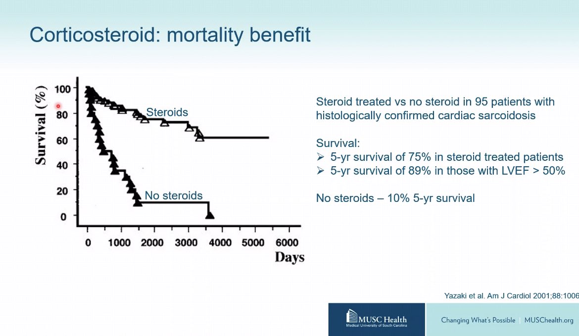 Great Cardiac Grand Rounds this morning @JanMGriffin updating us on Sarcoid. That slide on steroid use had me flashing back to REMATCH results 😂. Grateful @MUSChealth has a team of specialists to treat these patients! @Brian_Houston12 @JRWinterfield