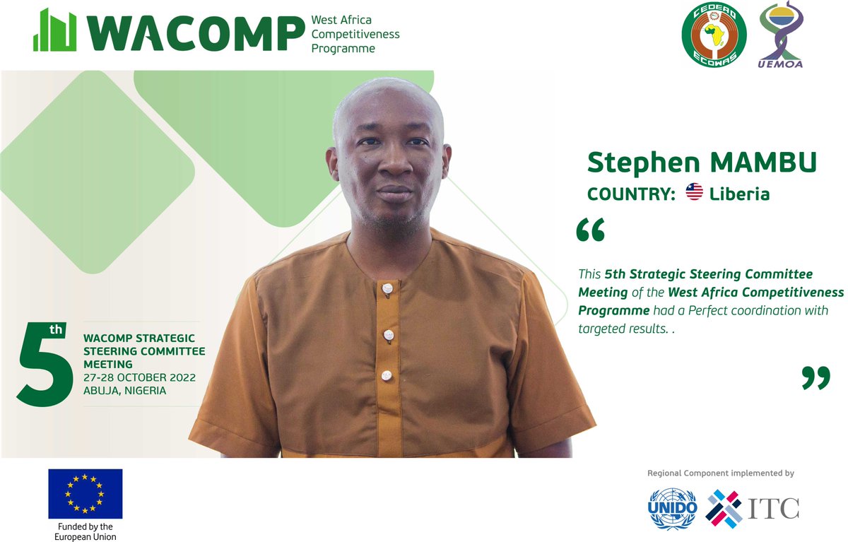 WACOMP (@wacomp_ecowas) on Twitter photo "The 5th Strategic Steering Committee Meeting of WACOMP had a perfect coordination with targeted results" - Mr. Stephen Mambu from #WACOMP Liberia shared his feedback on the <a href="/EUinNigeria/">EU in Nigeria 🇪🇺🇳🇬</a> funded WACOMP meeting last week. "The 5th Strategic Steering Committee Meeting of WACOMP had a perfect coordination with targeted results" - Mr. Stephen Mambu from #WACOMP Liberia shared his feedback on the <a href="/EUinNigeria/">EU in Nigeria 🇪🇺🇳🇬</a> funded WACOMP meeting last week.