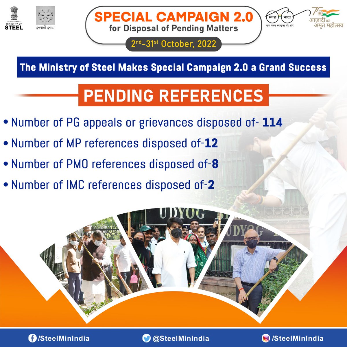 Ministry of Steel along with 7 CPSEs @SAILsteel @nmdclimited @RINL_VSP @MOIL_LIMITED @KIOCLLimited @MECONLimited @mstcindia actively participated in #SpecialCampaign2.0 held on 2nd-31st October 2022, led by Steel Minister, Minister of State for Steel and Secretary (Steel).