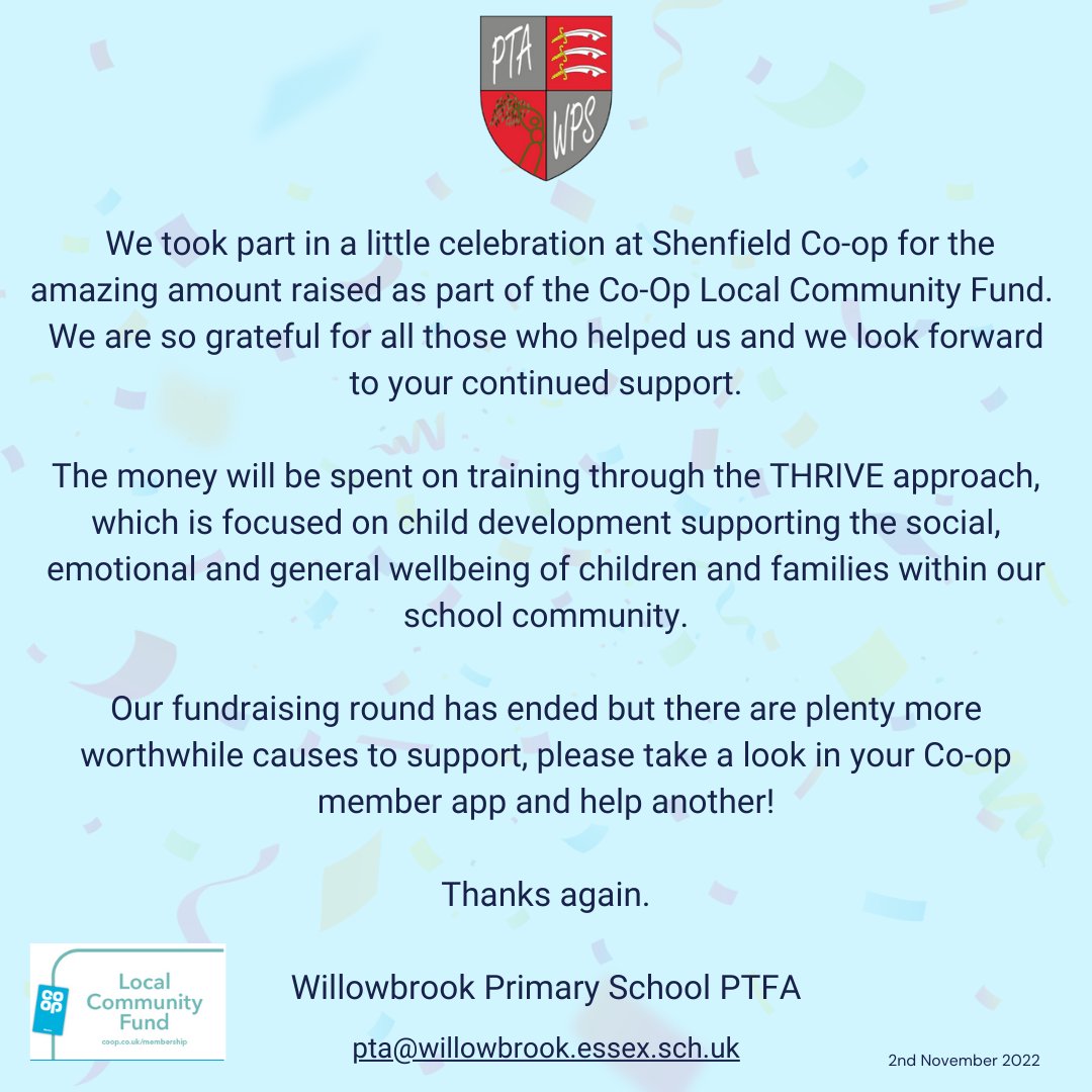 WillowbrookPTFA's tweet photo. 🙏🫂🥳🎖️🎉
@Willowbrk 

https://t.co/piSaiafvHR 
@coopuk 
 #THRIVEapproach #shenfield #essex #ptafundraiser #PTFA #PTFAfundraiser #essexschools #hutton #brentwood  #cooplocalcommunityfund #charity https://t.co/WrFRF4jP6n