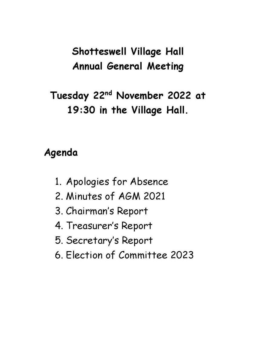 Our AGM this year will take place on Tuesday 22nd November at 7:30pm in the hall.