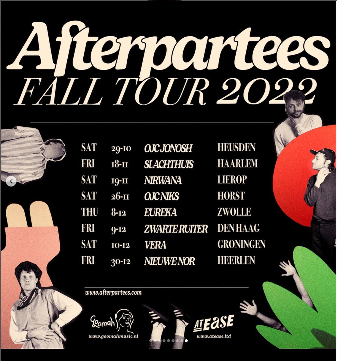 Afterpartees (@afterpartees) on Twitter photo Boys! Assemble!
🫡 Fall tour 2022 🫡
18-11 <a href="/Slachthuis023/">Slachthuis Haarlem</a> Haarlem
19-11 <a href="/OJCNirwana/">OJC Nirwana</a> Lierop
26-11 <a href="/ojcniks/">OJC Niks</a> Horst
08-12 Eureka Zwolle
09-12 <a href="/ZwarteRuiterDH/">De Zwarte Ruiter</a> Den Haag
10-12 @veraclub Groningen
30-12 <a href="/NIEUWENOR/">poppodium NIEUWE NOR</a> Heerlen
Links & tickets:
bandsintown.com/a/6380647-afte… Boys! Assemble!
🫡 Fall tour 2022 🫡
18-11 <a href="/Slachthuis023/">Slachthuis Haarlem</a> Haarlem
19-11 <a href="/OJCNirwana/">OJC Nirwana</a> Lierop
26-11 <a href="/ojcniks/">OJC Niks</a> Horst
08-12 Eureka Zwolle
09-12 <a href="/ZwarteRuiterDH/">De Zwarte Ruiter</a> Den Haag
10-12 @veraclub Groningen
30-12 <a href="/NIEUWENOR/">poppodium NIEUWE NOR</a> Heerlen
Links & tickets:
bandsintown.com/a/6380647-afte…