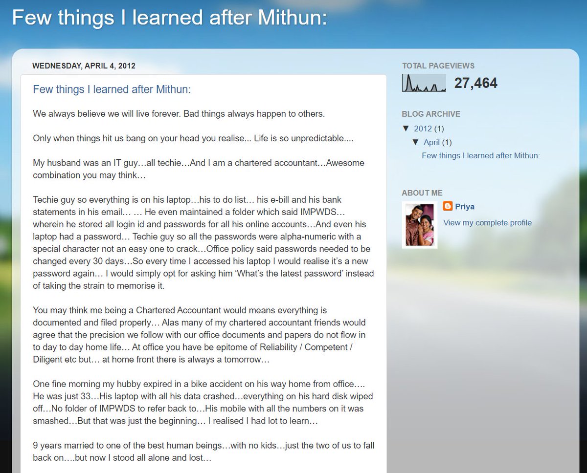 akhilpachori's tweet image. Read this letter written by CA Priya. The learnings after the death of his husband in an accident.

Don&apos;t be casual about the finance &amp;amp; document all your Investments and Financial Documents at proper place and share with your family members

Do share with everyone