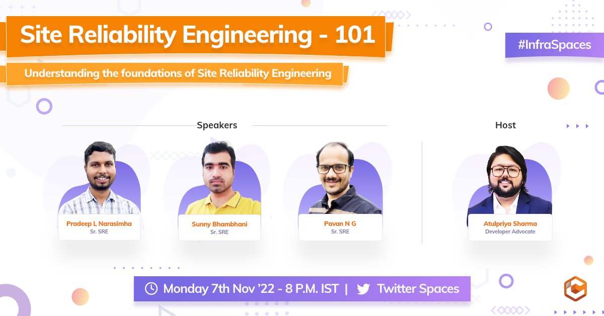 📢Launching #InfraSpaces - our first Twitter Spaces🗣️

We start with discussing the book "The Site Reliability Workbook" around foundations of #SRE

Join <a href="/Pavan_N_G/">Pavan N G</a> <a href="/praddy26/">Pradeep Lakshmi Narasimha</a> <a href="/sunnybhambhani9/">Sunny B.</a> &amp; <a href="/TheTechMaharaj/">Atulmaharaj 🥑</a>

📅 Nov 7, Mon, 8PM IST
⏰ Set The Reminder 👇
x.com/i/spaces/1lPJq…