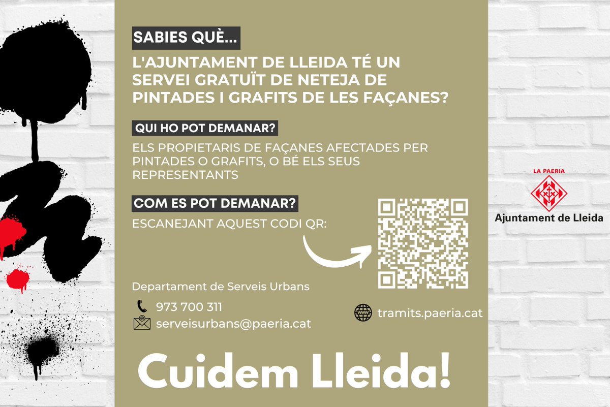 paerialleida's tweet photo. 📣 Sabies que @paerialleida té un servei gratuït de neteja de pintades i grafits de les façanes❓

👥 Pot demanar aquest servei els propietaris de façanes afectades per pintades o grafits o els seus representants

Fem, entre tots, una #Lleida més neta, bonica i ordenada❗❤️ https://t.co/tHNKXvD1XY
