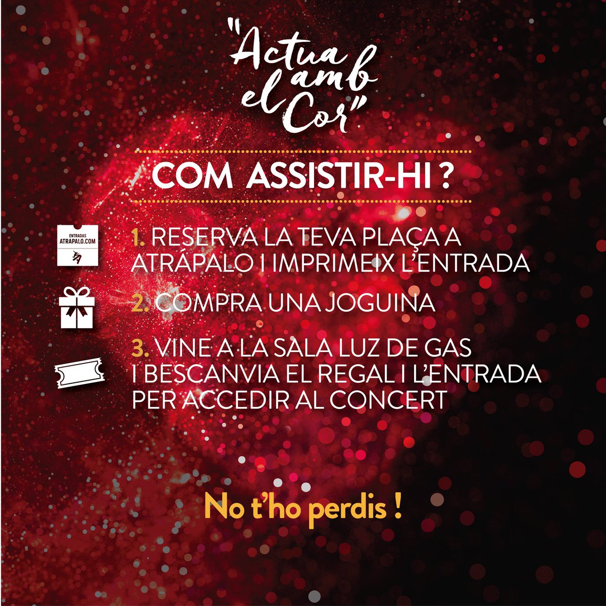 <a href="/CorJovedelOS/">Cor Jove de l'Orfeó Sarrianenc</a> , Altaveu, Dorys i SomRiures . Un espectacle solidari dirigit per <a href="/GerardIbanezM/">Gerard Ibáñez M.</a>

☝️COM ASSISTIR-HI?

1️⃣Reserva la teva plaça a <a href="/atrapalo/">Atrápalo España</a> i imprimeix l'entrada (link a la nostra bio!)
2️⃣Compra una joguina
 atrapalo.com/entradas/actua…