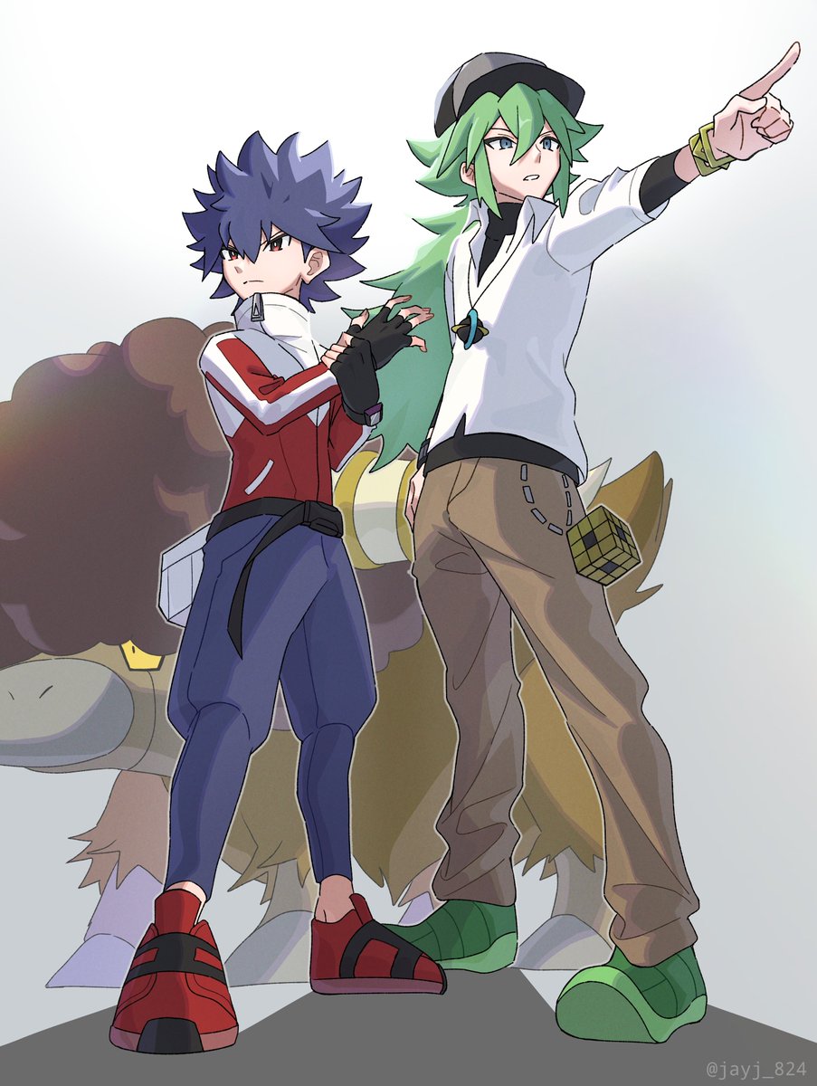 n (pokemon) multiple boys 2boys jacket male focus pants pointing green hair  illustration images
