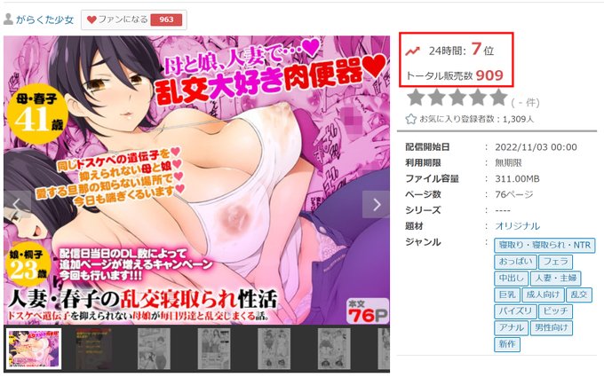 ありがとうございます!
ダウンロード数800達成しました!
『性交シーン2ページ』
追加です! 