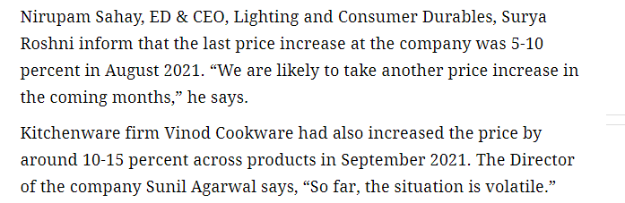 TheFactFindr's tweet photo. #CookWare #WeakDemand #Volumes #DevilInDetail
Revenues up ~11% YoY & EBITDA up over 15% YoY.
What about Prices?
(1) Vinod Cookware "increased the price by around 10-15% across products in Sept 2021"
(2) Wonderchef Ravi Saxena “3 price hikes prices by Cumulative 20-25% " https://t.co/c3ZmNs6GDX