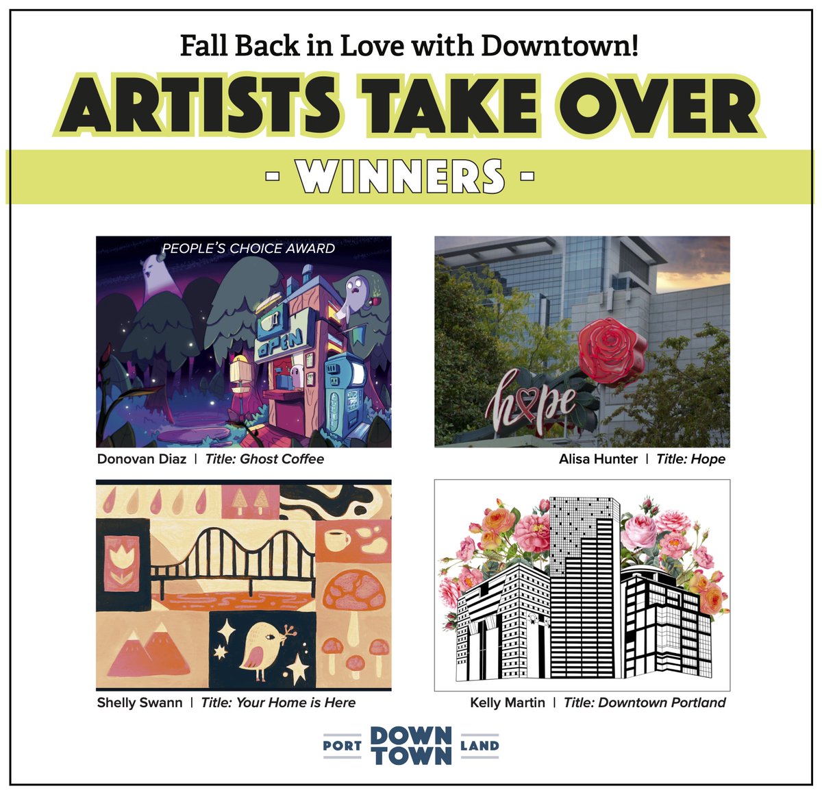 Congratulations, Donovan Diaz! Donovan is this year's Crowd Favorite winner of the Fall Back in Love With Downtown Portland: Artist Takeover competition for their art piece Ghost Coffee!
downtownportland.org/fall-back-in-l… #ArtistsTakeover #Downtown