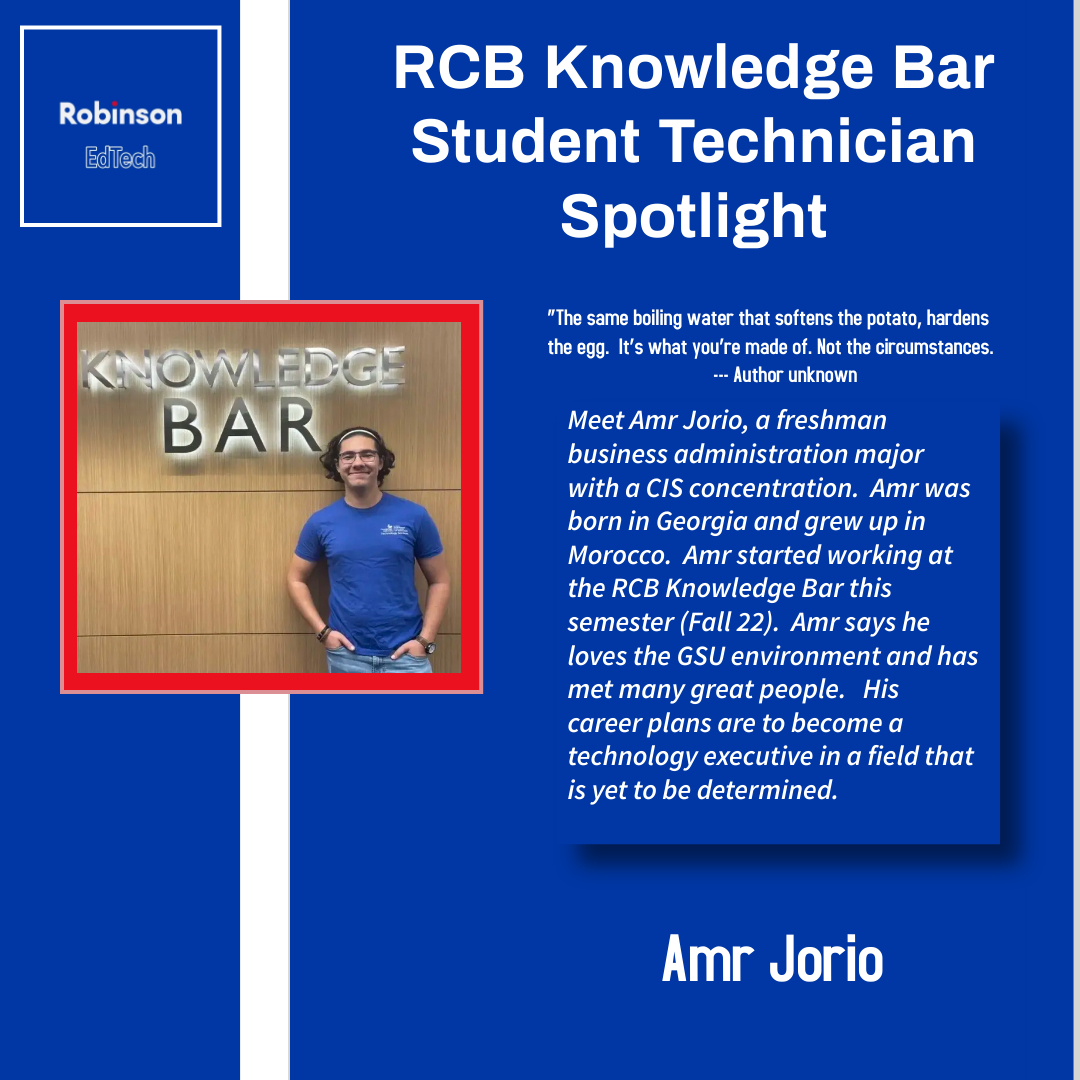 RobinsonEdTech's tweet photo. Two GSU students are in the spotlight this week at the RCB Knowledge Bar!  Great job, Aditya Saxena &amp; Amr Jorio!  👏🏽👏🏽👏🏽👏🏽 #rcbcts @RobinsonCollege #GeorgiaState #TheStateWay #edtech #customerservice https://t.co/Md452c2hXk