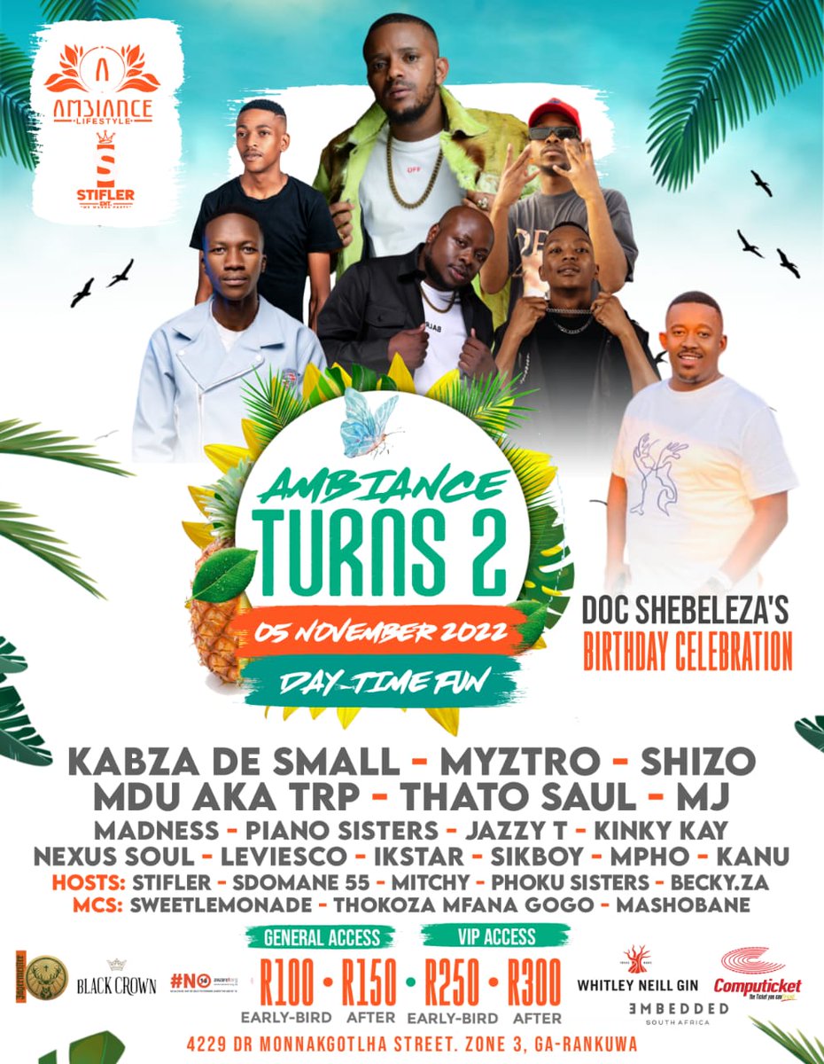 _NIKIWE__'s tweet photo. Join @theeambience in CELEBRATION of DOC SHEBELEZA.

The lineup will be packed with the best entertainment.💃🏾💃🏾💃🏾

Our fave @KabzaDeSmall_ will also be there😍 BE THERE OR BE TOLD!

#AmbianceTurns2 
Early bird tickets are still available at R100. https://t.co/cZUsabVb0u