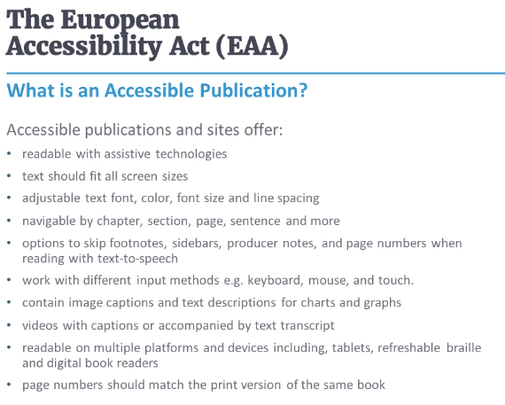 mwillispub's tweet image. Key thinks for publishers to note about #accessibility and impact on scholarly societies and publications of European Accessibility Act, from Michael Markey @Atypon #ISMTEGlobal